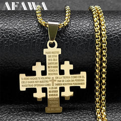 A gold-colored stainless steel Jerusalem cross pendant necklace engraved with the Lord's Prayer.