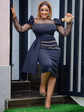 Aimee Women's long sleeve ruffle lace party dress in mid-calf sheath style, featuring elegant lace details and a fitted silhouette.