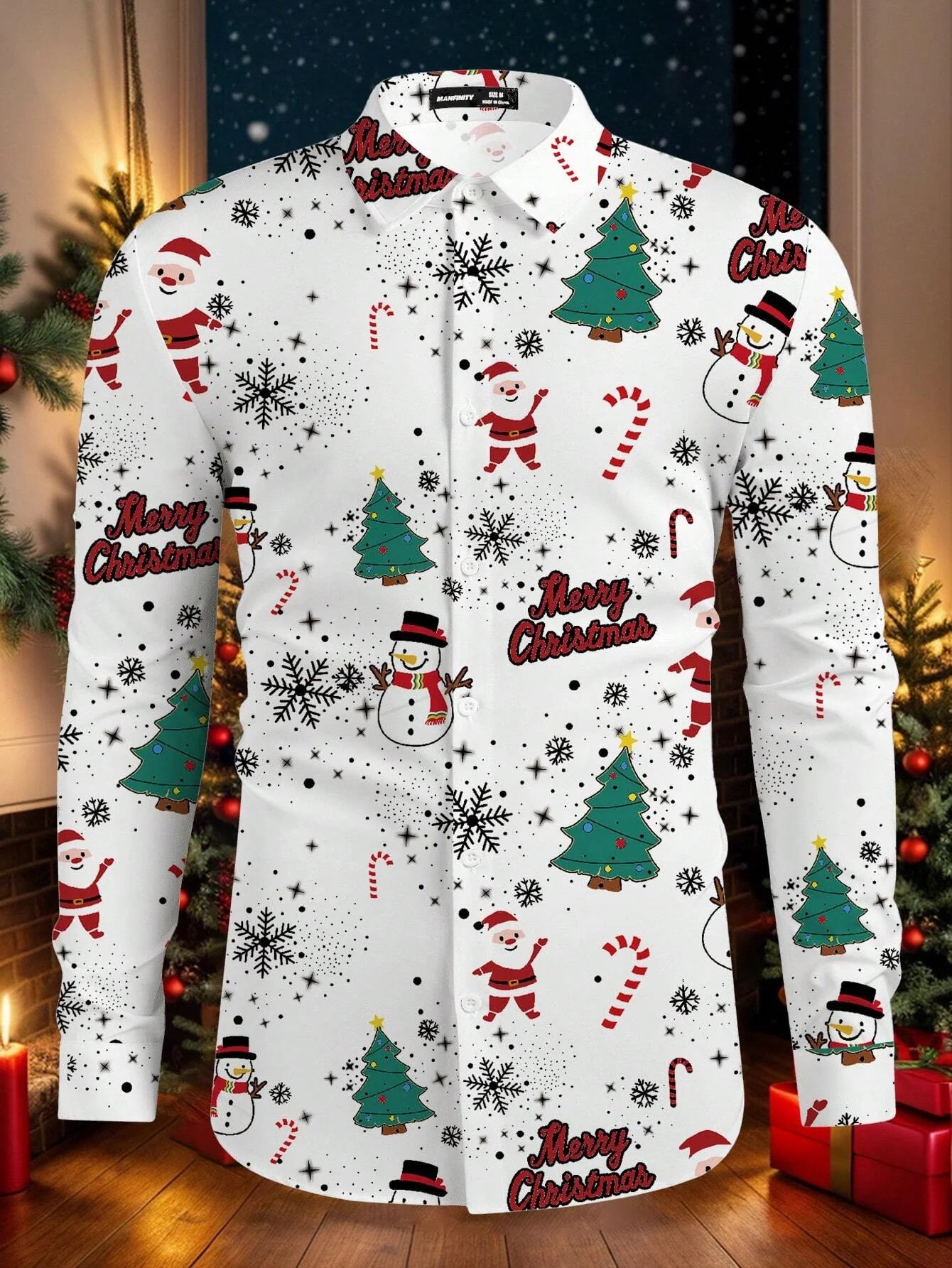 Men's Christmas festival-themed formal shirt with 3D printed Christmas tree and Santa Claus graphics, long sleeve design by Showlu Fashion.
