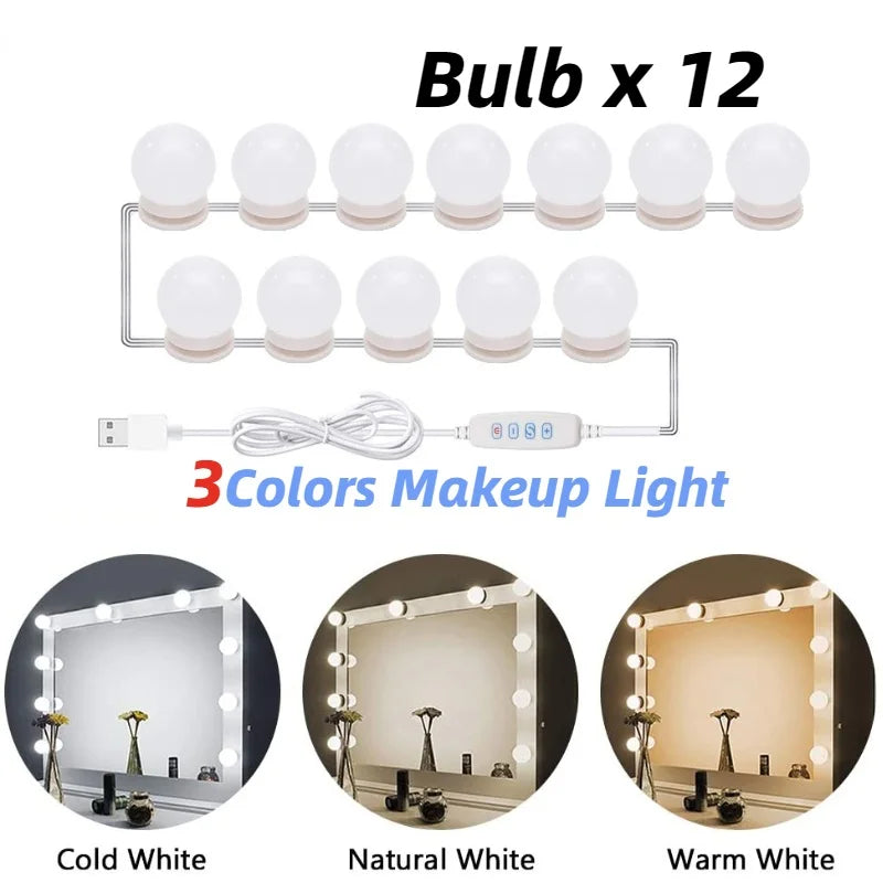 Digitaling LED vanity mirror lights, dimmable 12V USB makeup bulbs, shown installed around a mirror for enhanced lighting.