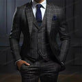 Navy blue plaid men's 3-piece suit with blazer, vest, and pants, ideal for wedding, formal, or business occasions.