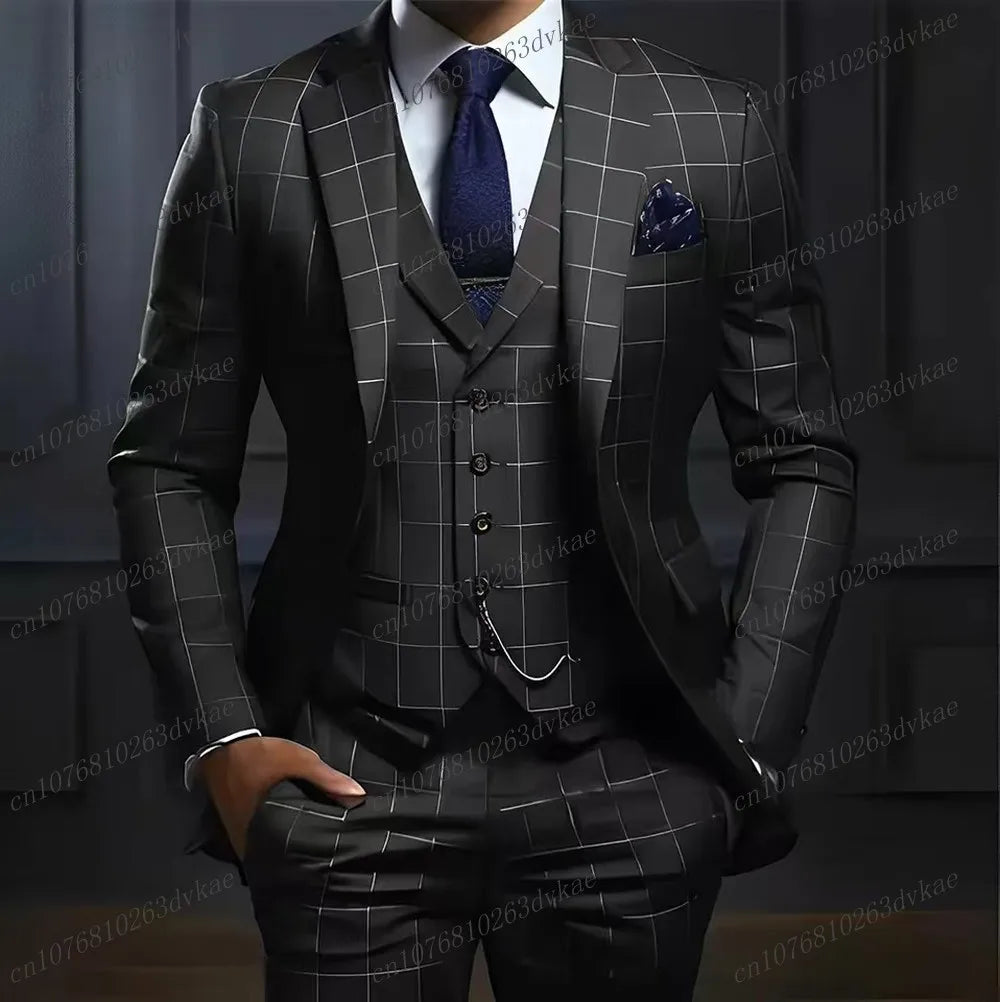 Navy blue plaid men's 3-piece suit with blazer, vest, and pants, ideal for wedding, formal, or business occasions.