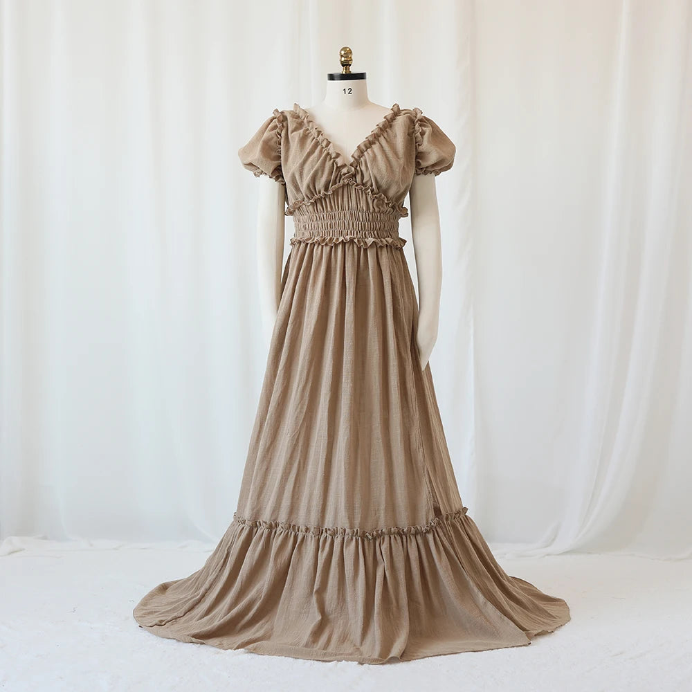 Showlu Bohemian maternity maxi gown with off-shoulder ruffled design, perfect for maternity photos and special occasions.