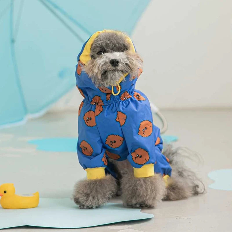 Showlu waterproof hooded dog raincoat with four-leg jacket, designed to keep pets dry in rainy weather