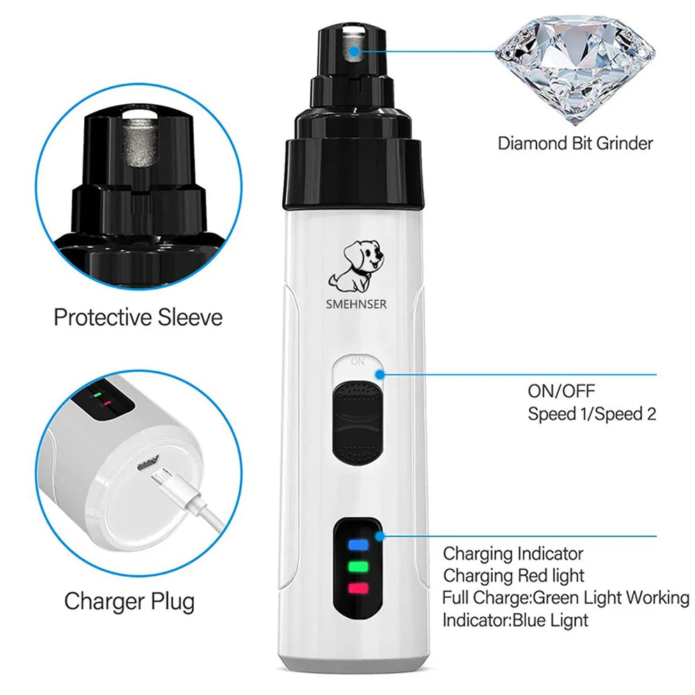 Rechargeable Showlu Fashion Store dog nail grinder with USB charging, electric pet nail trimmer for dogs and cats, grooming tool.