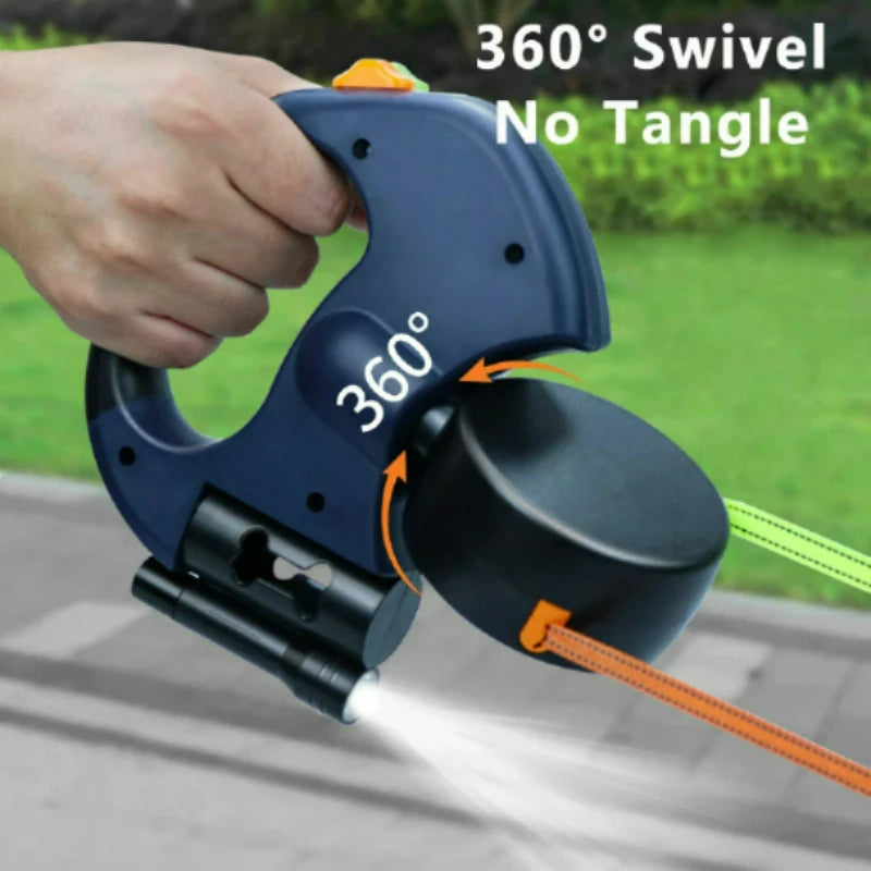 Showlu Double Dog Leash with 3m retractable dual ropes and LED flashlight, designed for walking two dogs simultaneously.