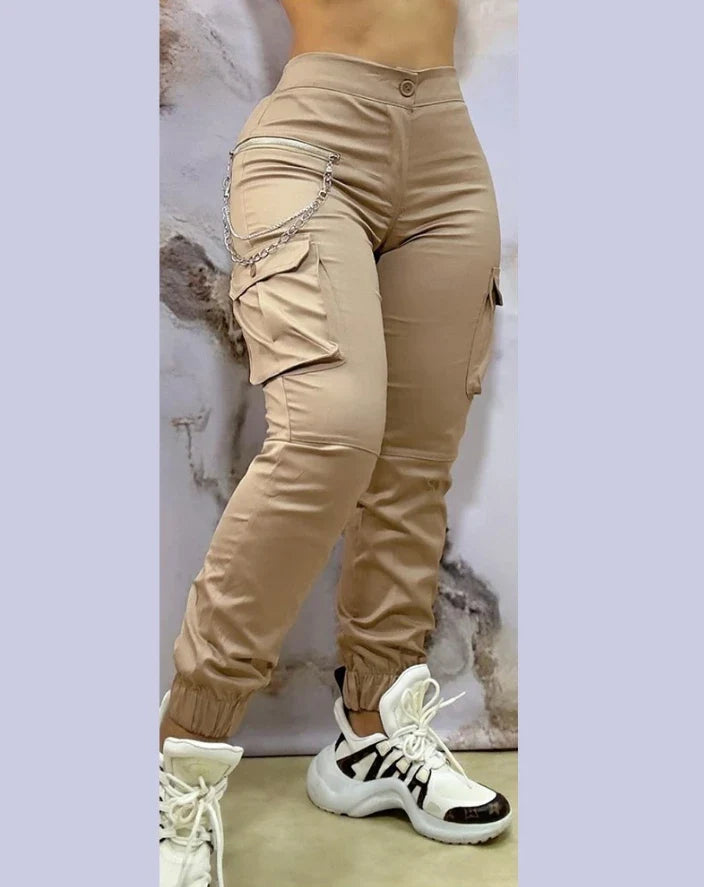 Women's cargo pants by SHOWLU with cuffed design and multiple pockets, ideal for autumn and winter casual wear.