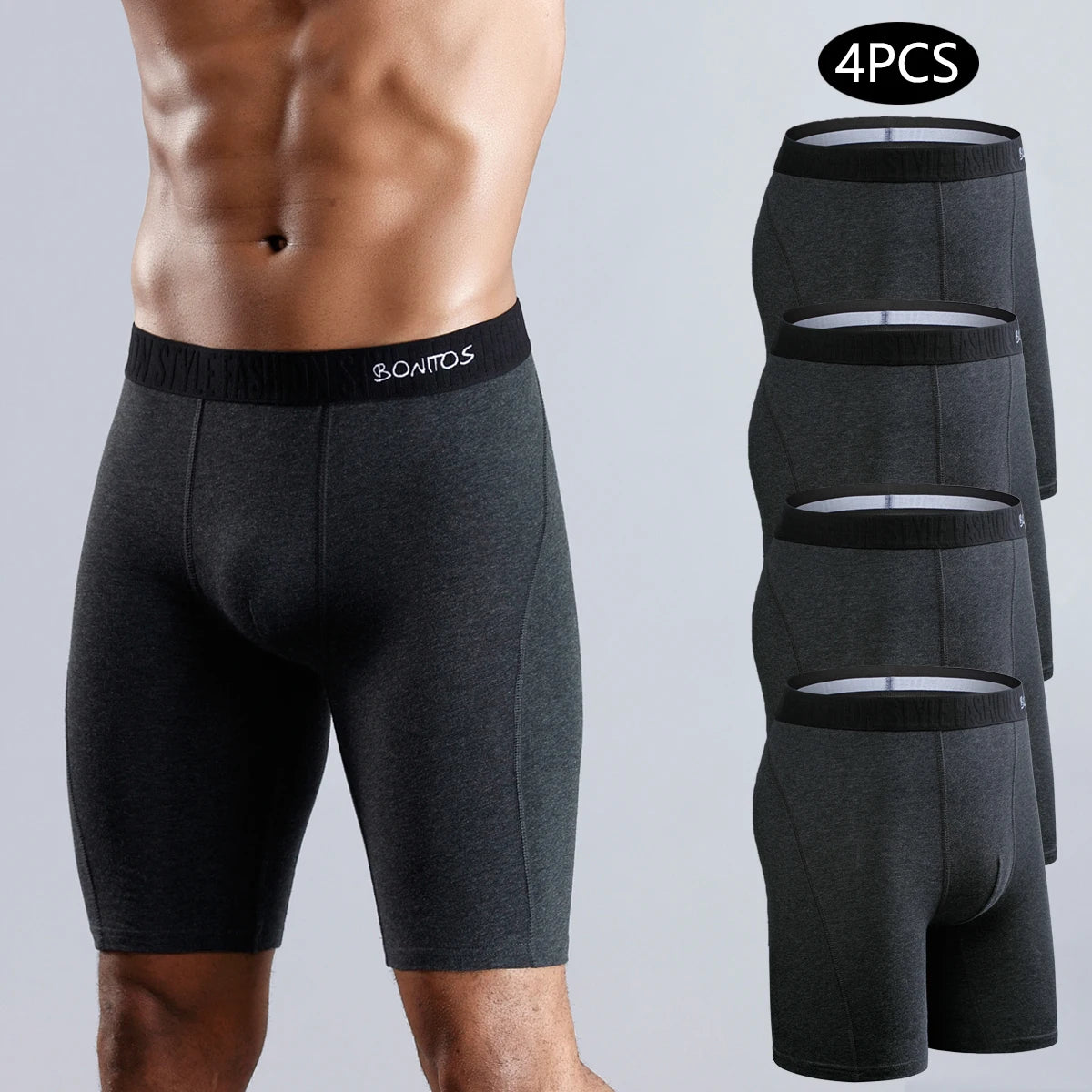 Men's long leg boxer shorts by SRBONITOS in a 4-pack, made of cotton, plus size trunks with comfortable fit, shown in black and gray.