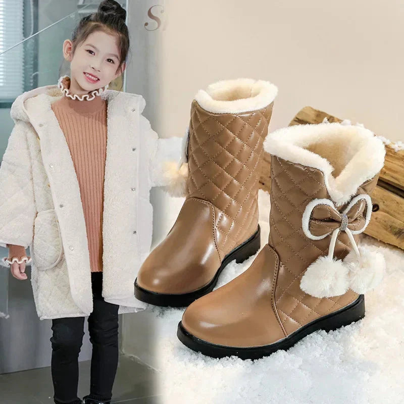 Girls winter snow boots by Mumoresip featuring plush fur lining, waterproof platform design, ideal for cold weather.