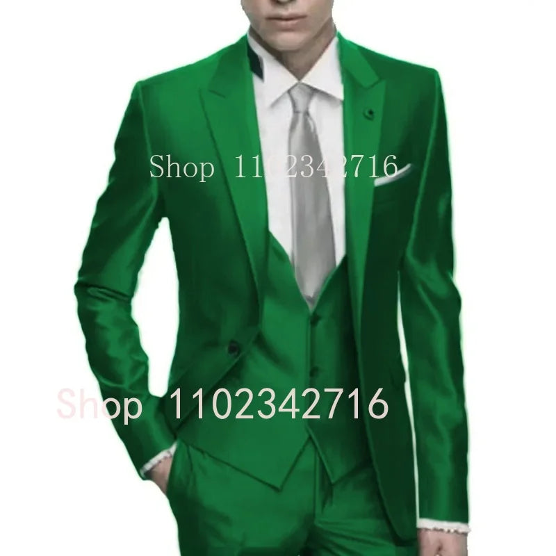 Silver grey satin men's 3-piece slim fit tuxedo by Showlu Fashion Store, featuring a tailored jacket, vest, and trousers for formal occasions.