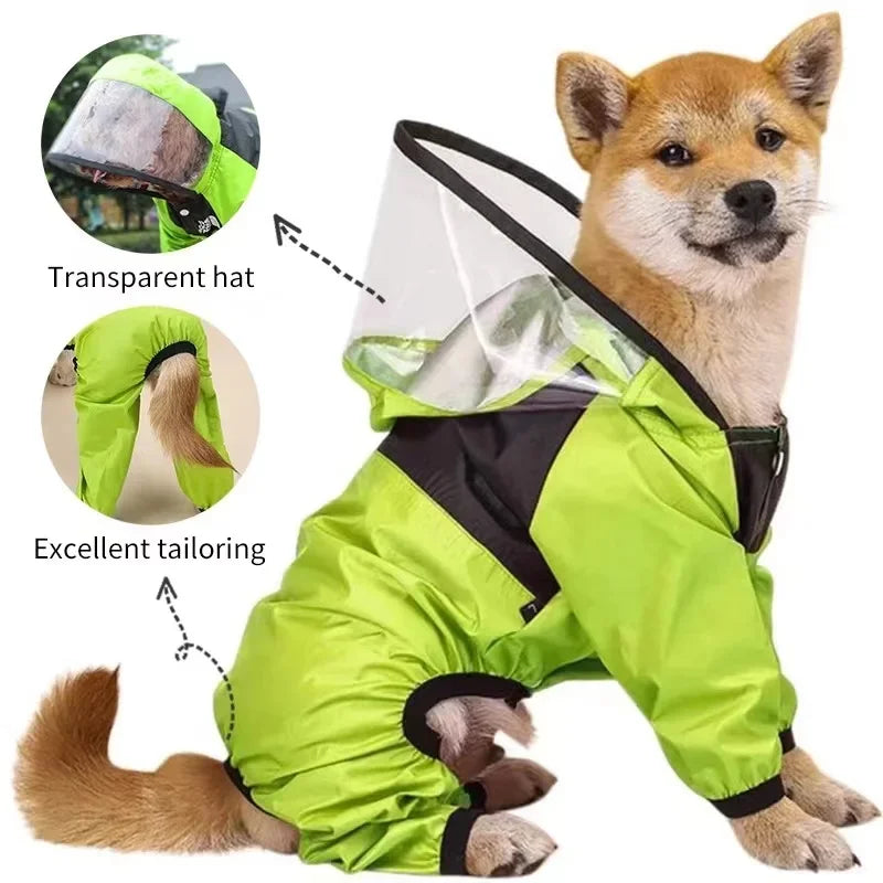 Transparent hooded waterproof dog raincoat from Showlu Fashion Store, made of polyester jumpsuit with a clear hood for outdoor protection.