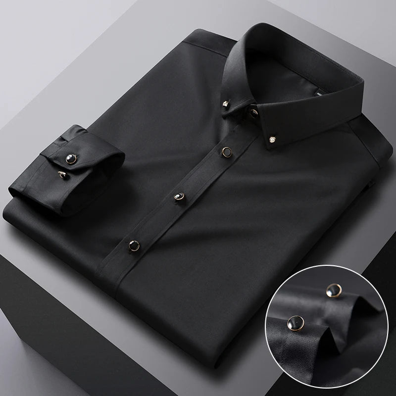 Men's long sleeve dress shirt by Showlu Fashion with silk-feel stretch fabric and diamond buttons, ideal for formal occasions.
