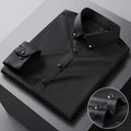 Men's long sleeve dress shirt by Showlu Fashion with silk-feel stretch fabric and diamond buttons, ideal for formal occasions.