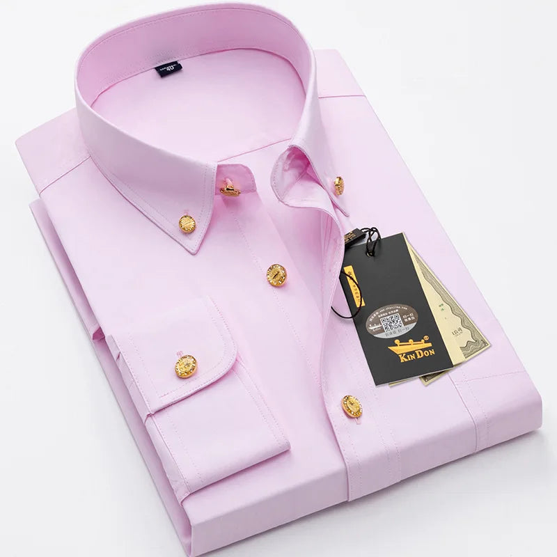 Men's luxury brass button long sleeve business casual shirt from Showlu Fashion, ironing resistant, suitable for office or gifting.