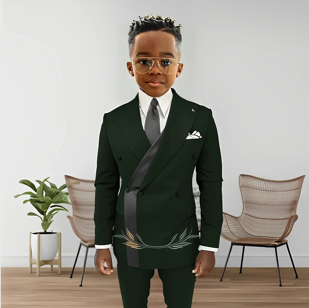 Boy's double-breasted blazer and pants tuxedo set by Showlu Fashion for kids, perfect for wedding or formal occasions.