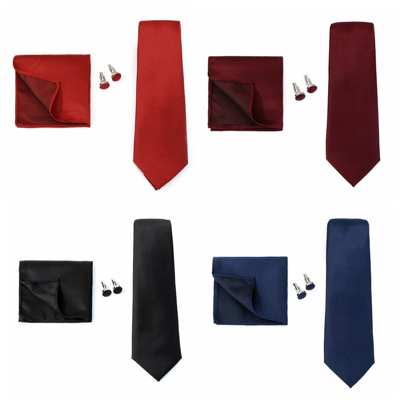 Solid color men's formal wedding tie set with jacquard woven necktie, handkerchief, and cufflinks for business suits and special occasions