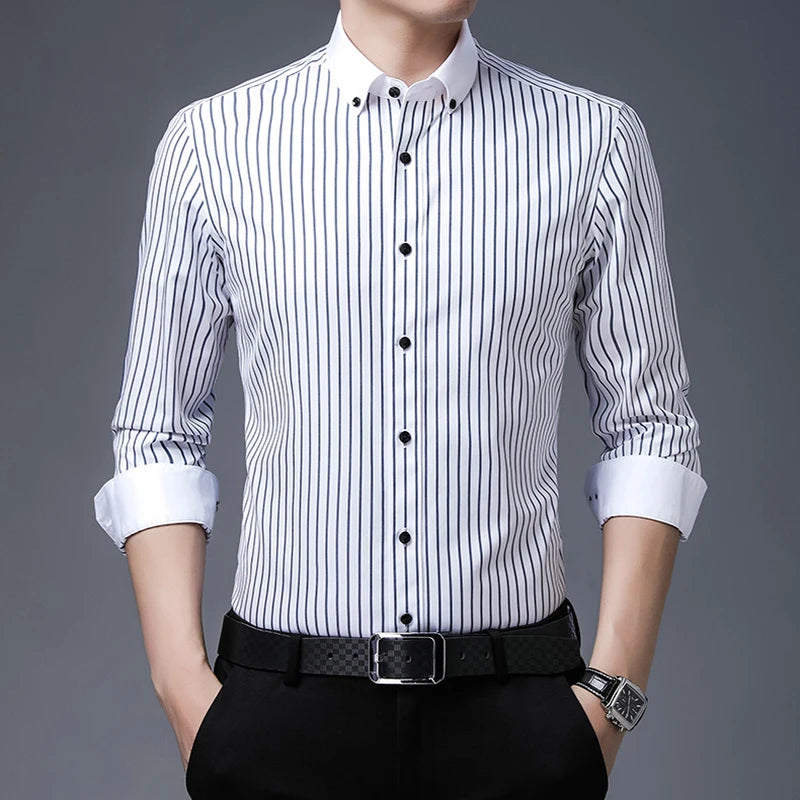 Men's slim fit cotton long sleeve shirt by Showlu Fashion with striped design, heterochromatic collar, and wrinkle-resistant fabric.