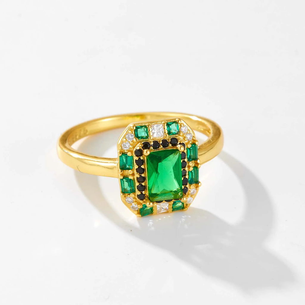 Sterling silver square green zircon ring for women featuring a shiny green gemstone, elegant fine jewelry by Showlu Fashion Store