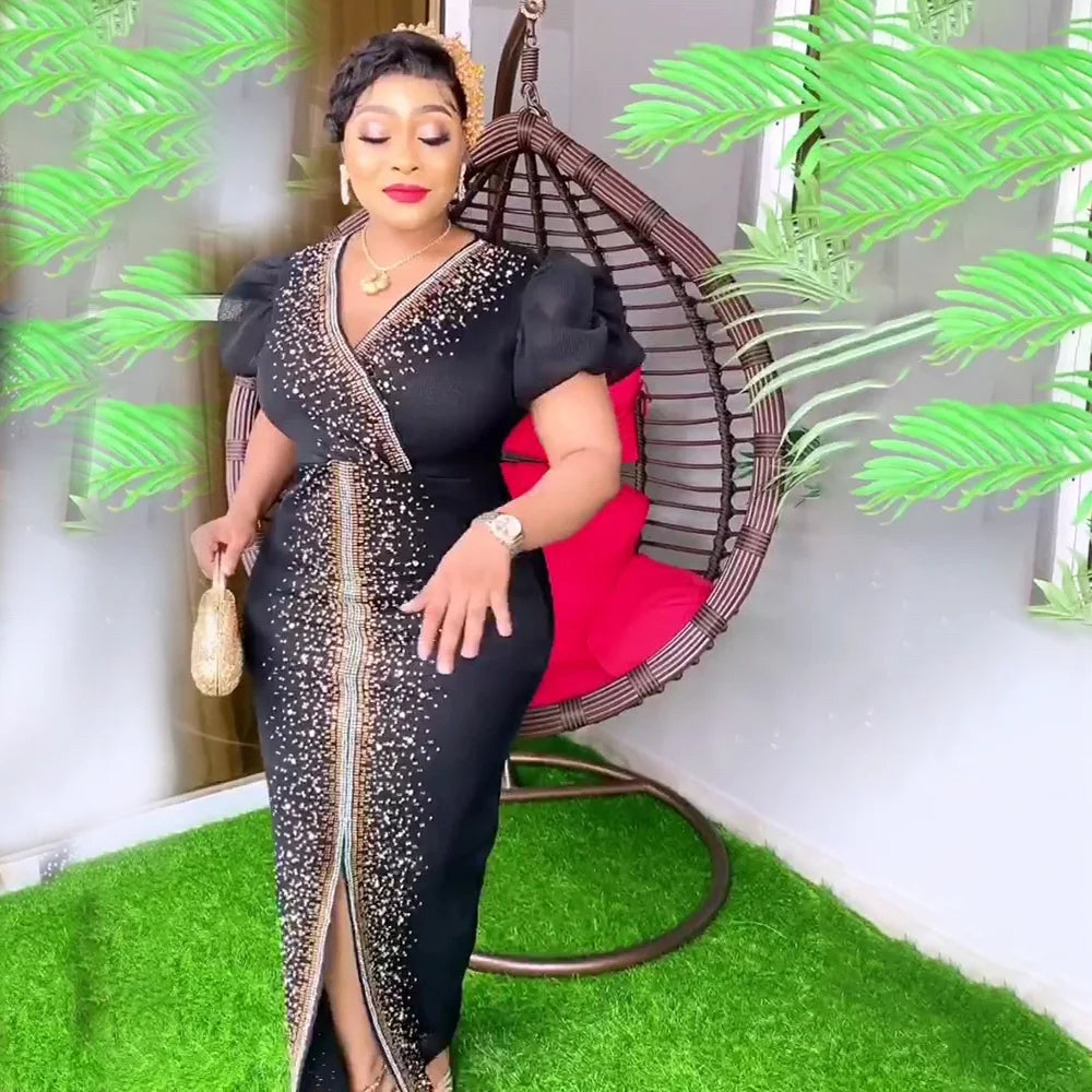 Diamond-encrusted V-neck stretch mesh dress with bubble sleeves, designed for fashionable elegance by Showlu Fashion Store.