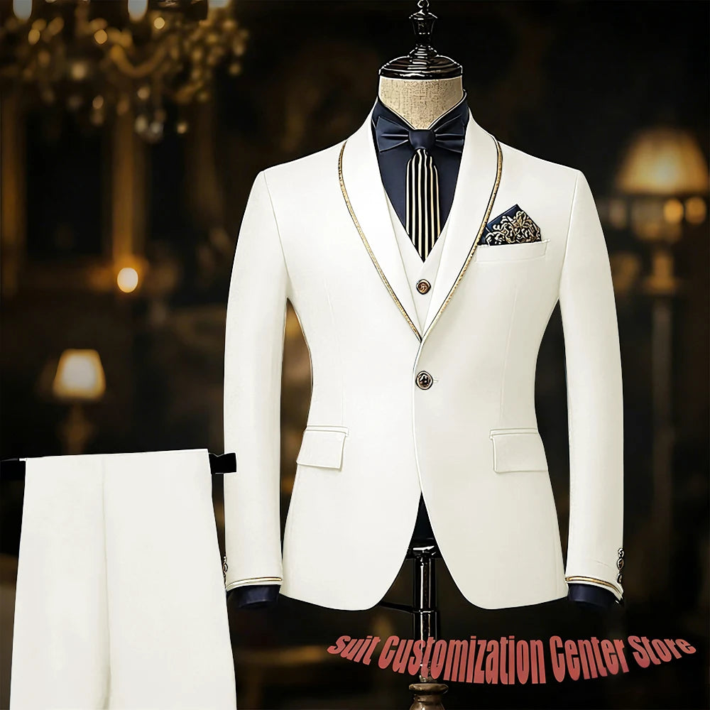Navy blue men's suit set with jacket, vest, and pants featuring slim fit, single-breasted design, shawl lapel for formal occasions