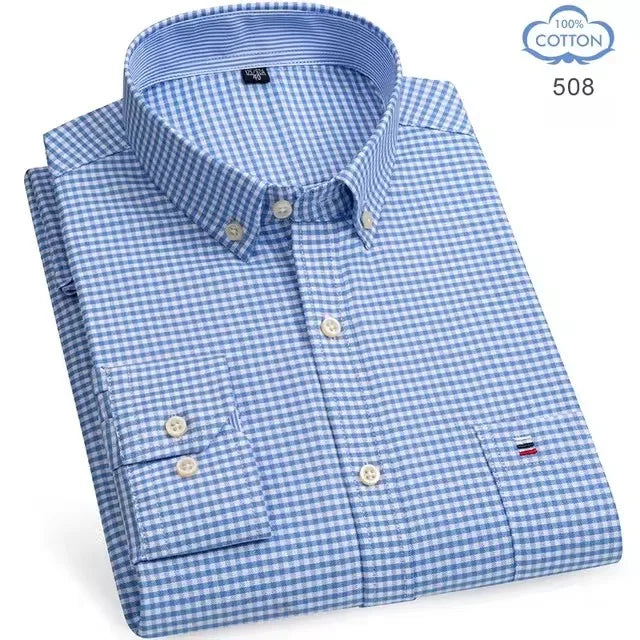 Men's long sleeve plaid oxford shirt in red and white cotton with striped design, from Showlu Fashion Store, available in 7XL size.