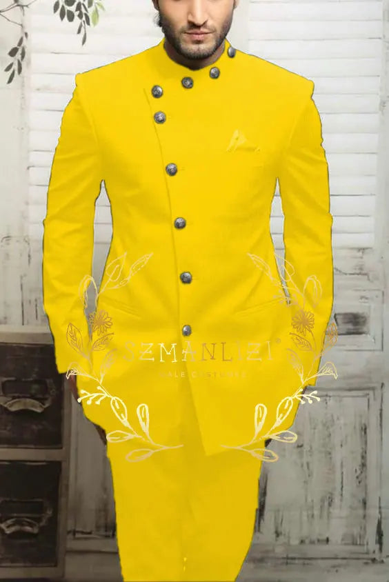 Navy blue Indian design men's suit by Showlu Fashion, slim fit formal blazer and matching trousers for business or wedding occasions