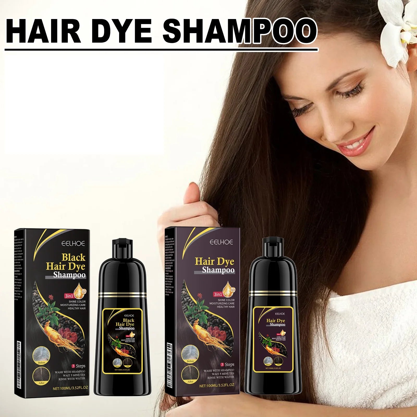 EELHOE 3-in-1 natural plant hair dye shampoo bottle with grey coverage, 100ml, showing the product label and packaging.