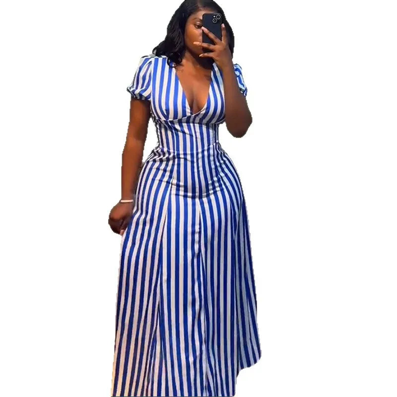 Women’s striped printed V-neck dress by Showlu Fashion, short sleeve, slim fit, vintage summer dress perfect for casual vacations.