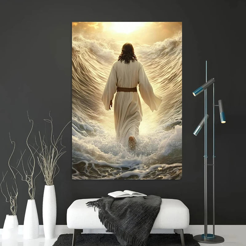 Jesus walking on water canvas wall art by Showlu Fashion Store, modern religious print with vibrant colors and detailed imagery.