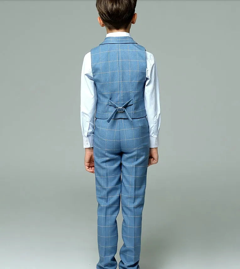 PsyMonster boys' 4-piece formal suit with striped vest, shirt, and pants, stylishly assembled for a polished look