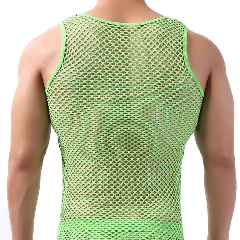 Men's hollow out fashion tank top by Showlu Fashion Store, breathable mesh sleeveless vest with stylish cutouts.