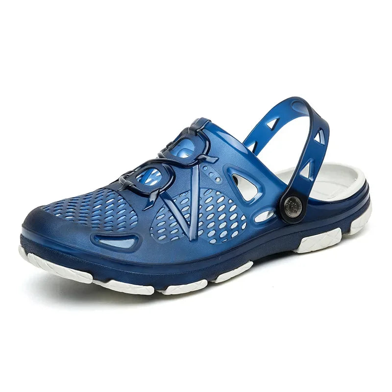Showlu Women's casual jelly sandals with flat soles, designed for outdoor beach and water activities, shown in the image.