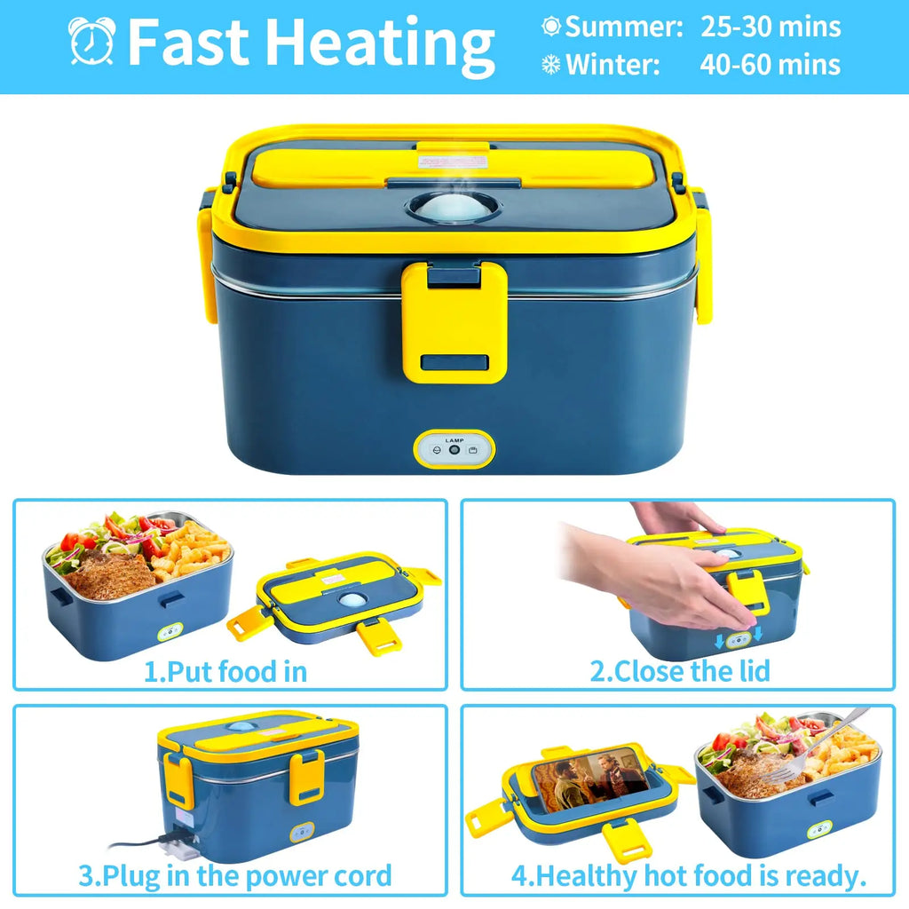 SHOWLU stainless steel electric lunch box with 1.8L capacity, compatible with 12V, 24V, and 110V food warmer for portable heating