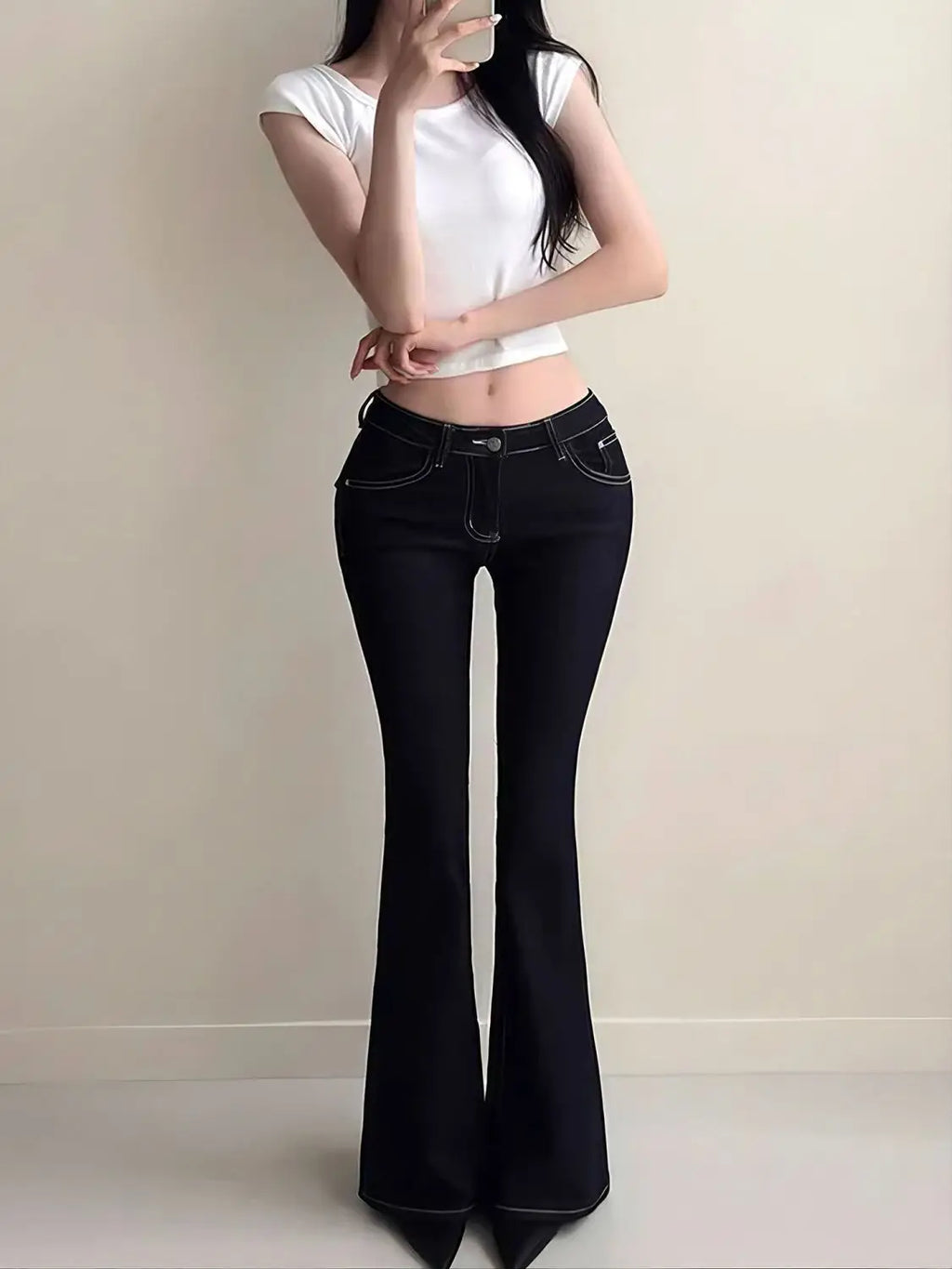 Women’s vintage blue flare jeans with embroidery, high waist, Y2K streetwear style, denim cargo pants, bell bottom trousers