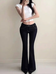 Women Vintage Blue Embroidery Flare Jeans Y2k Streetwear Denim Cargo Pants 2000s Harajuku Bell Bottom High Waist Trousers