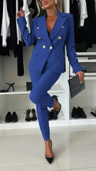 Women Office Smart Clothes Set 2pcs Blazer Double Breasted Button Solid Color Jacket & High Waist Slim Pencil Pants SHOWLU FASHION STORE