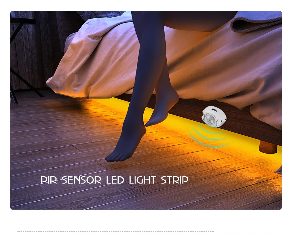 Showlu Smart LED under bed motion sensor light illuminating a dark space with easy installation for automated lighting.