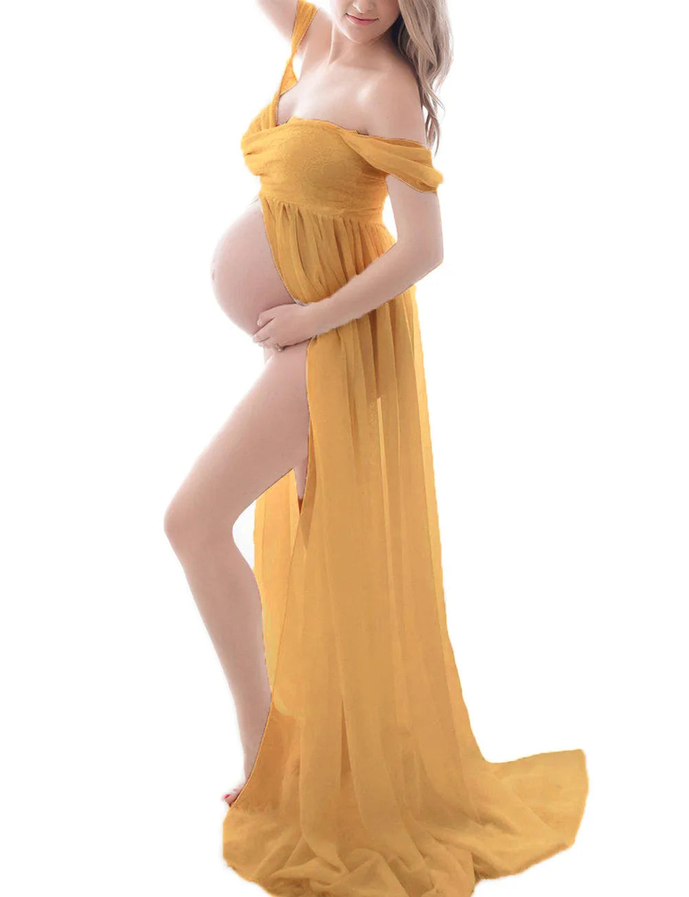 Deep V-neck lace maternity dress with long sleeves, tulle and feather details, suitable for photo shoots and special occasions.