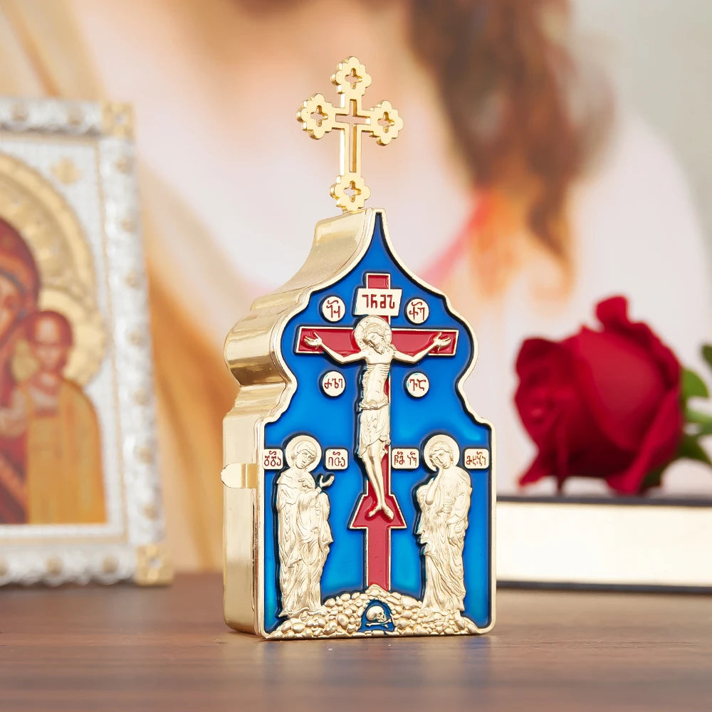 Showlu Metal Jesus Crucifix set with Bible box, rosary, and candle holder, religious decor with intricate metal craftsmanship