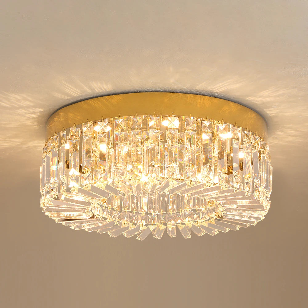 Modern gold crystal ceiling lamp with LED chandelier design, featuring luxurious crystal accents and sleek gold finish.
