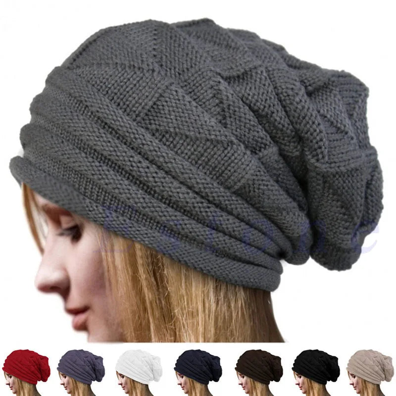 Women’s winter knitted slouchy beanie hat by Showlu Fashion, warm woolen cap perfect for snow skiing and outdoor cold weather.