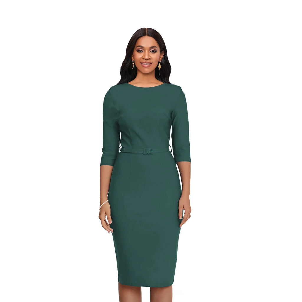 Showlu Women's knitted bodycon dress with slim fit, mid-length design, O-neck style, showcasing a stylish and comfortable gown.