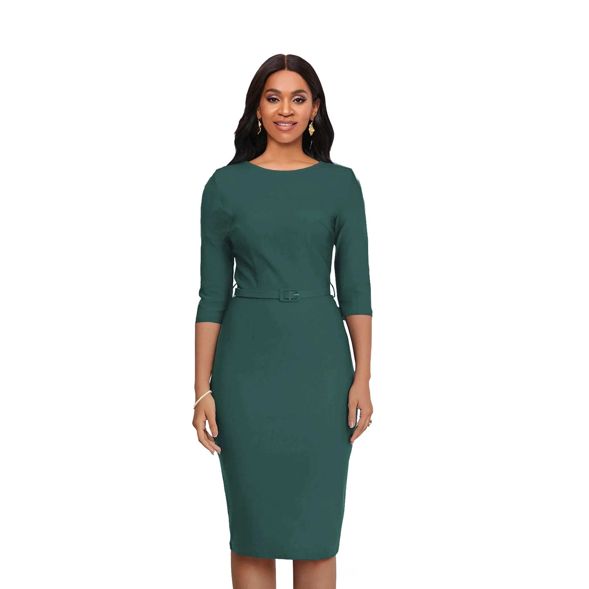 Showlu Women's knitted bodycon dress with slim fit, mid-length design, O-neck style, showcasing a stylish and comfortable gown.