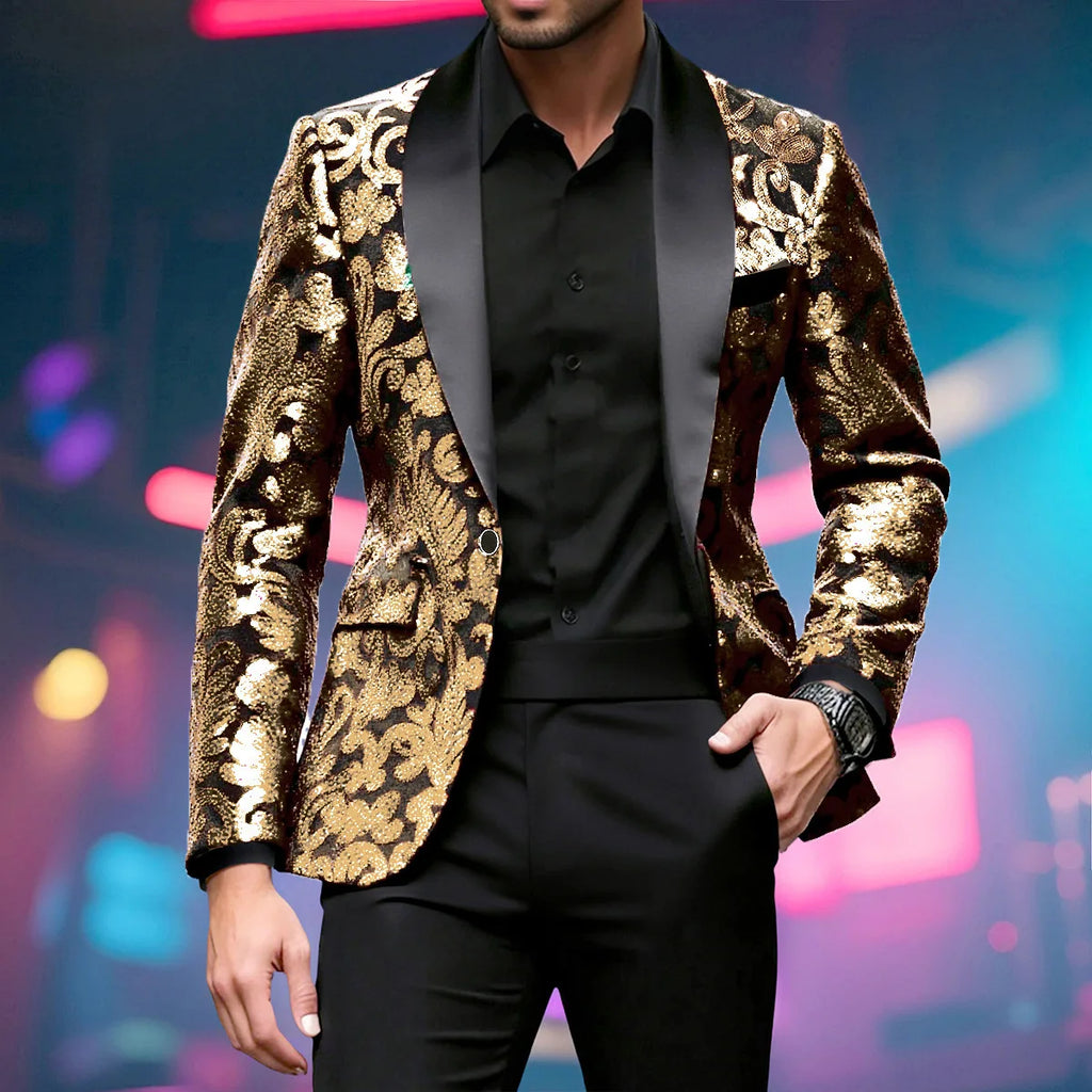 Blue sequin embellished men's stage jacket with single button, shiny gold accents, perfect for performances and stage shows.