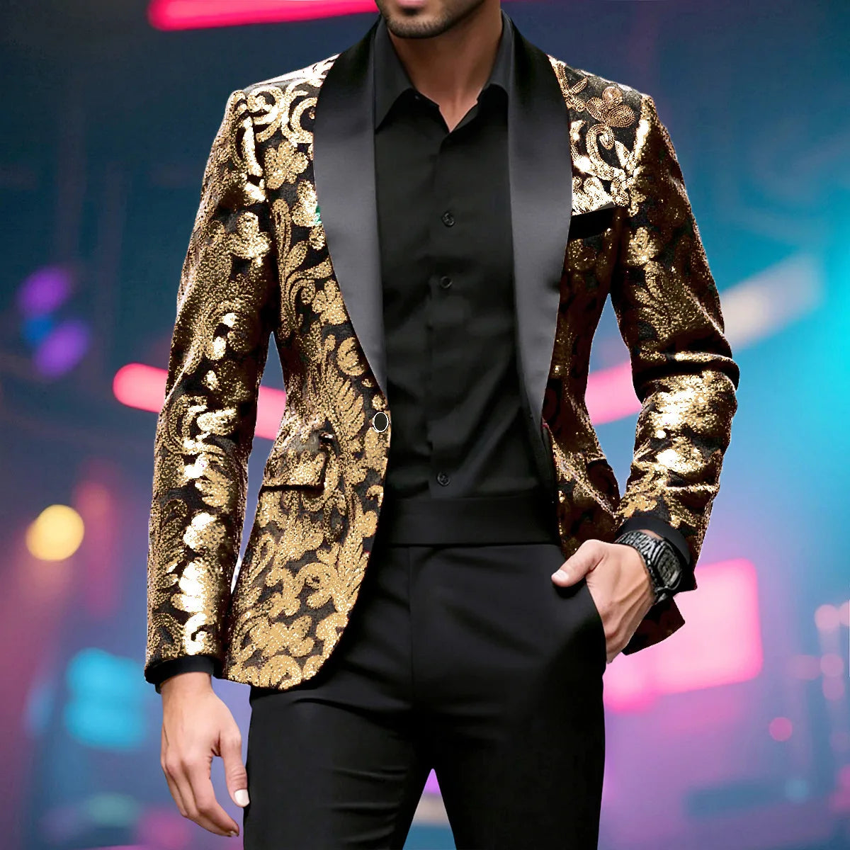 Blue sequin embellished men's stage jacket with single button, shiny gold accents, perfect for performances and stage shows.