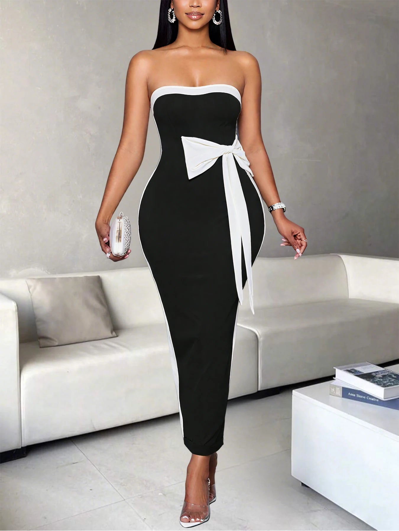Ladies Fashion Elegant Color Block Knot Design One Shoulder Dress Stylish Graceful Versatile Butterfly Bow Dress for Women