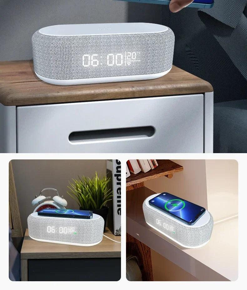 Showlu Smart General 15W wireless charging alarm clock with LED night light, digital display, and sleek modern design.
