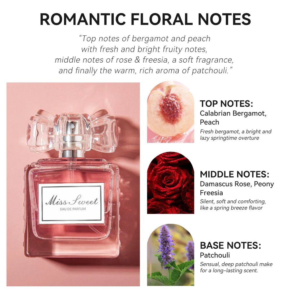 Showlu Fashion floral Eau de Parfum for women with rose and peach notes, 50ml bottle, elegant packaging and long-lasting scent