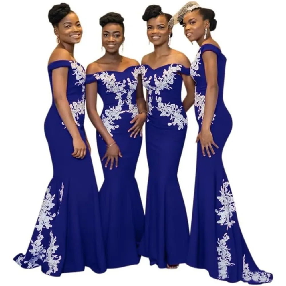 Burgundy JC&STAR off-the-shoulder mermaid satin bridesmaid dress with fitted silhouette and elegant design.