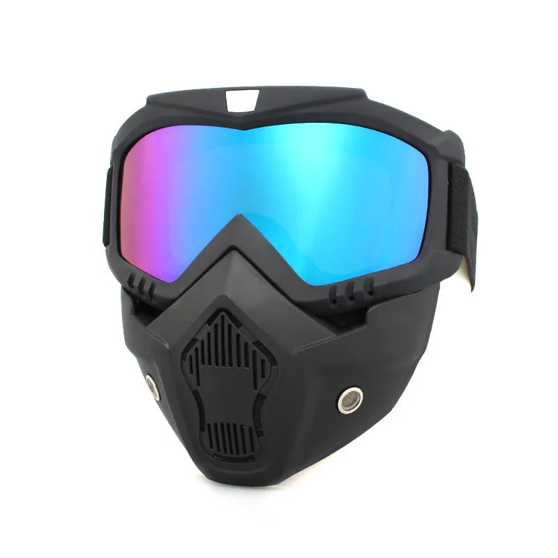 Full face bicycle helmet with anti-fog mask, safety goggles, and mouth filter, designed for airsoft, paintball, and hunting activities.